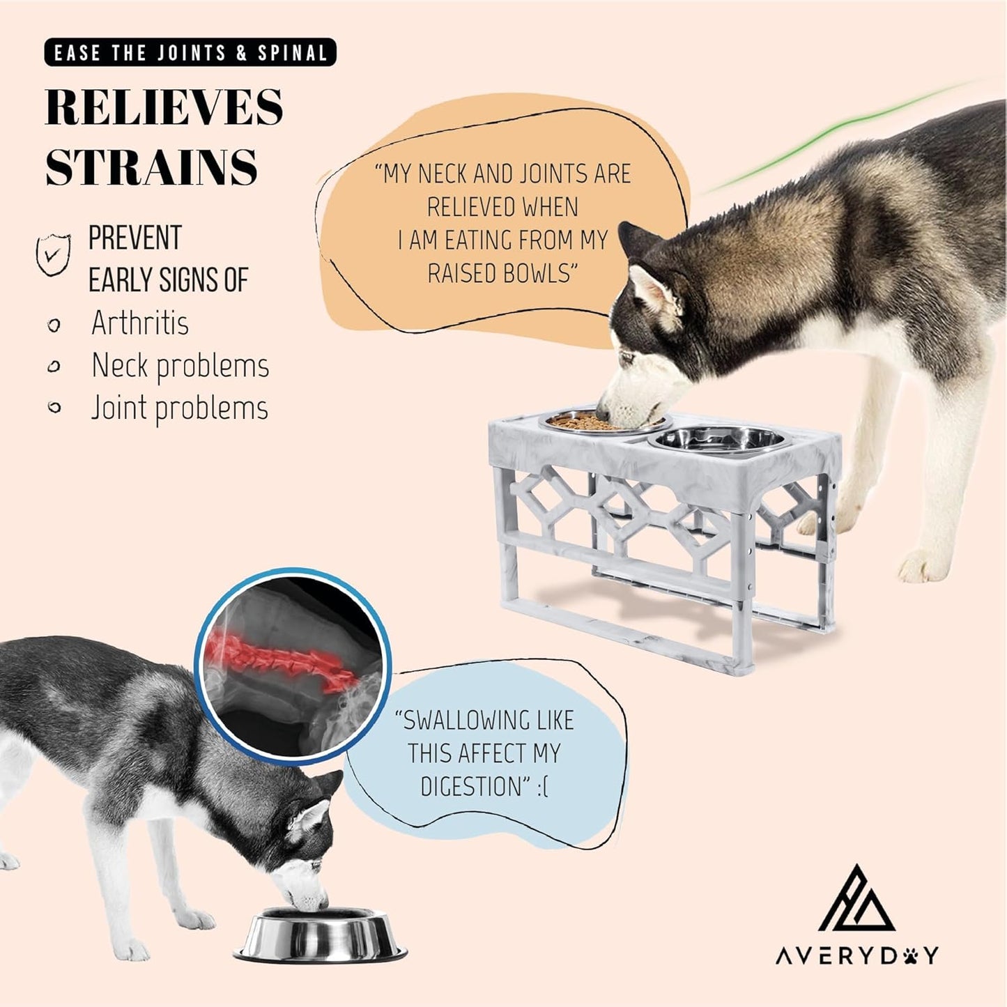 AVERYDAY Large Dog Bowls Elevated, 4 Height Adjustable Raised Dog Bowl Stand with 2 Stainless Steel Food and Water Bowls Set, Tall Dogs Feeding Station with Anti-Slip Base for Medium Large Breeds Dogs