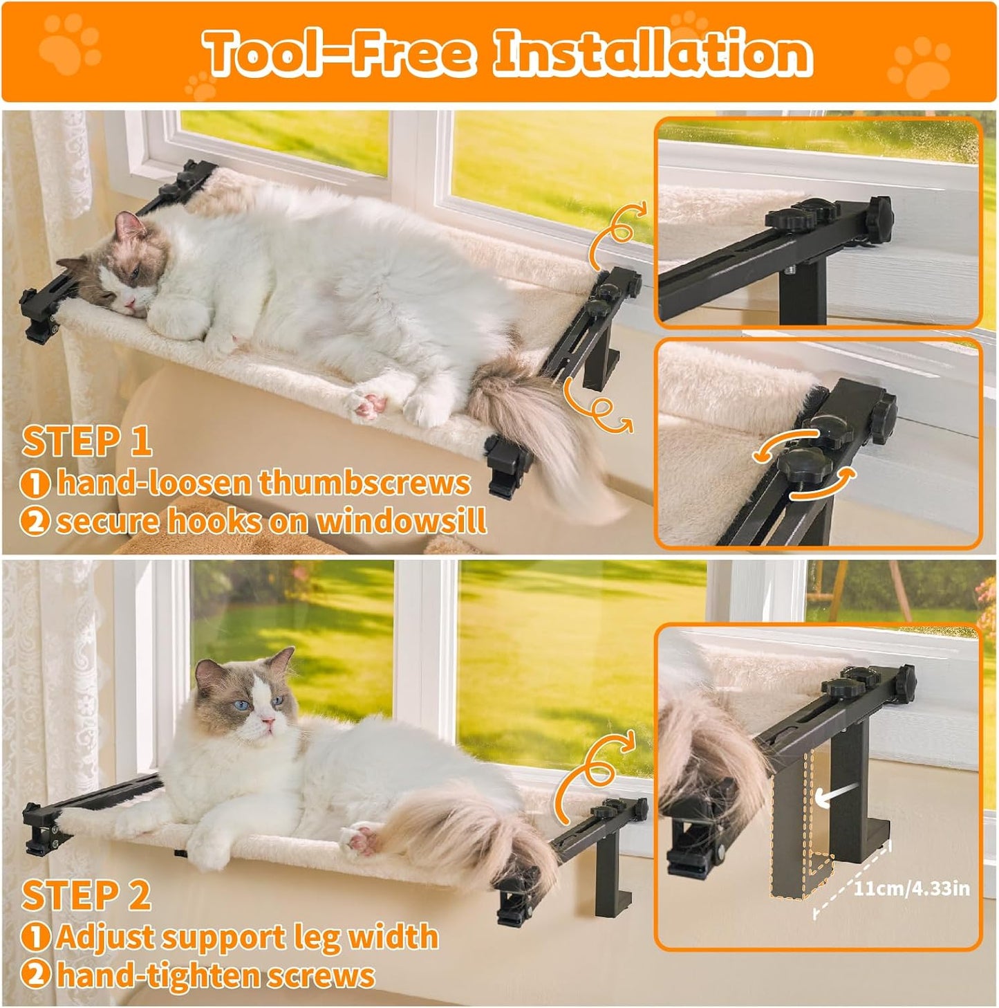 Cat Window Perch Bed Cat Hammock for Window Sill Seat, 2 in 1 Adjustable Large Cats Sleeping Beds with Cushion Steel Frame Kitten Perches for Windowsill, Bedside, Floor (Beige)