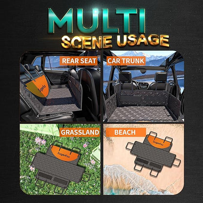 Dog Back Seat Extender & Car Seat Cover - Upgraded PU Leather, Hard Bottom Holds 400lbs, Waterproof Anti-Scratch Dog Hammock for Cars, SUVs, Trucks Easy to Clean + Pets Safety Belt (BLACK-XL)