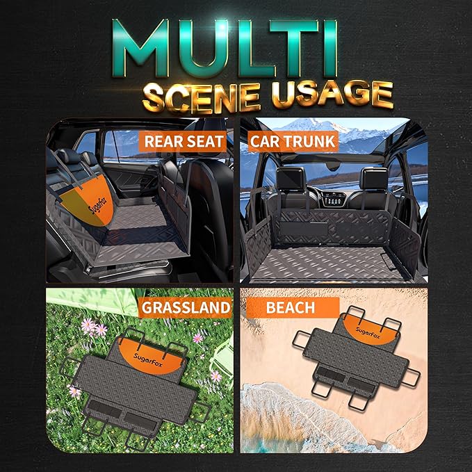 Dog Back Seat Extender & Car Seat Cover - Upgraded PU Leather, Hard Bottom Holds 400lbs, Waterproof Anti-Scratch Dog Hammock for Cars, SUVs, Trucks Easy to Clean + Pets Safety Belt (Black-L)