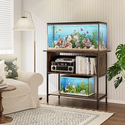 APPLOYN 40-50 Gallon Fish Tank Stand, Aquarium Stand with 3-Tier Storage Shelf, Heavy Duty Metal Frame for Turtle Reptile Terrarium Tank Stand, for Living Room, Office, 36.6" L x 18.9" W x 31.5" H, Black, Vintage Brown