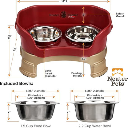 Neater Feeder Deluxe Mess Proof Dog Bowls Elevated for Small Breeds – Made in USA – No Spill Raised Dog Food Bowl Stand w/Leg Extensions – Stainless Steel Dog Food and Water Bowl Set – Red