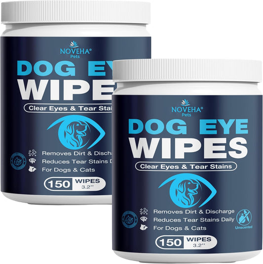 NOVEHA Cat & Dog Eye Wipes Tear Stain Remover for Discharge and Crust | White Pet Face Wipes | Easy Daily Pets Gentle Eye Cleaner for Whitening & Cleansing | 2PK - 150 Large Pk Round Wipes