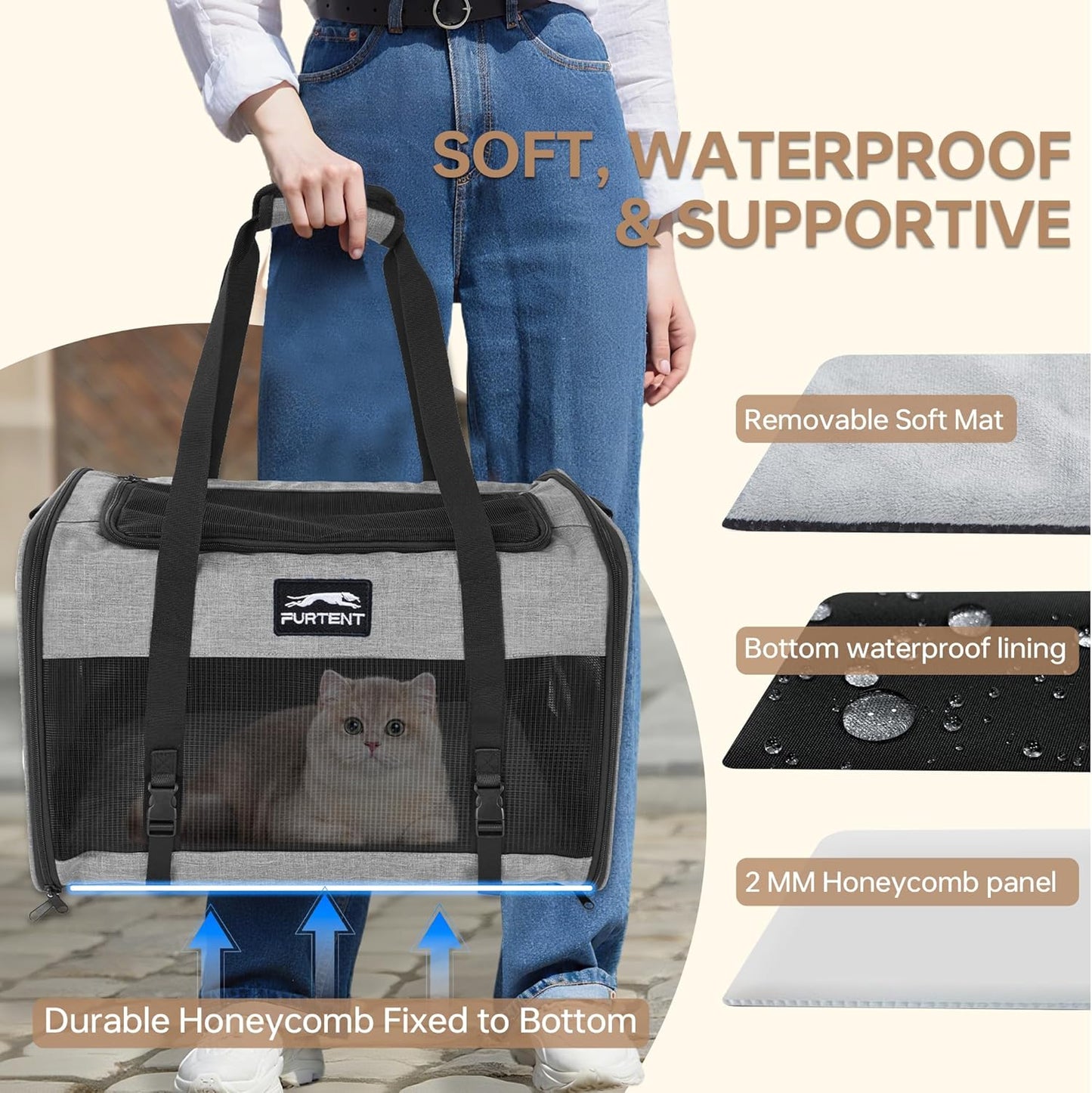 Soft Sided Two Cats Dog Carrier up to 25 lbs, Portable Mesh Pet Travel Bag for Medium Puppy Big Cats, Collapsible Puppy Crate Home Outdoor 20x13x13in, Grey