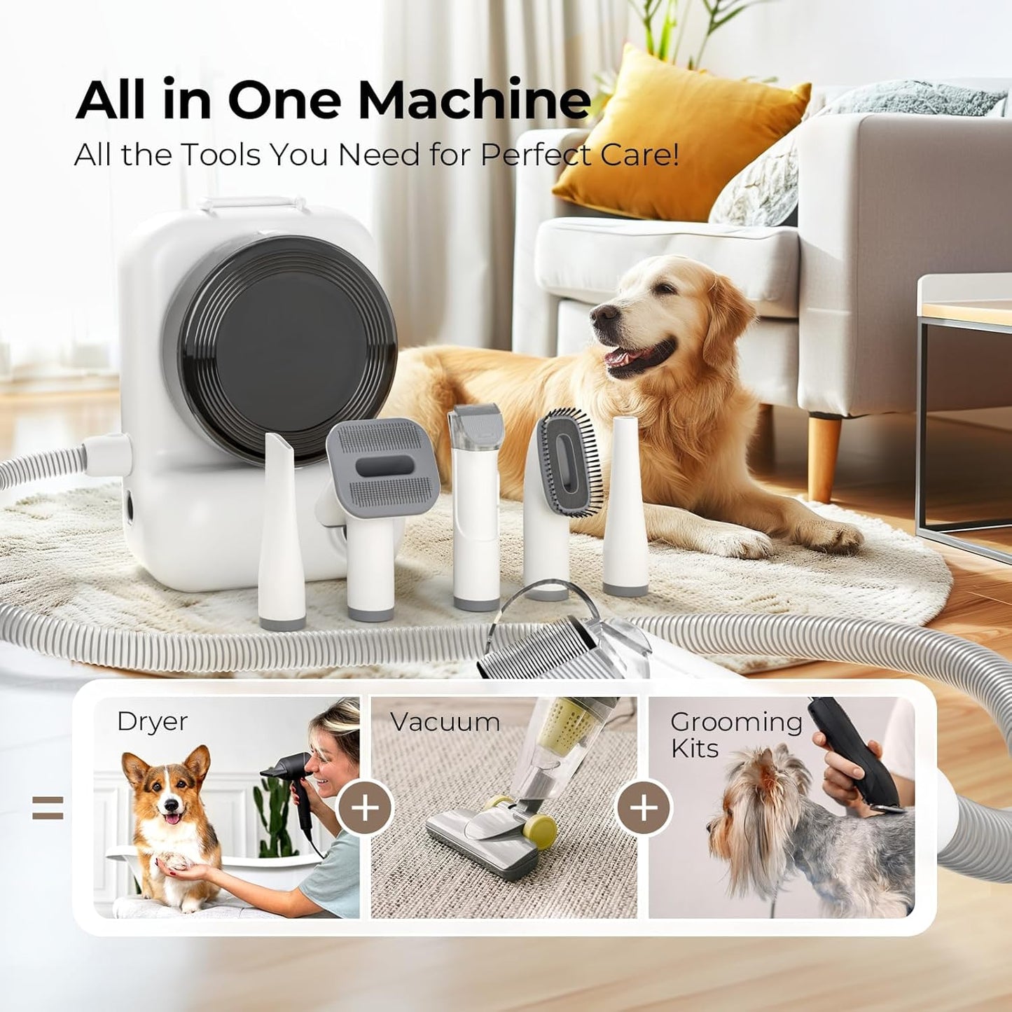 Dog Grooming Vacuum and Dryer, Pet Grooming Vacuum for Dogs with 3 Liter Canister, 15000Pa Suction Dog Vacuum for Shedding Grooming, Extra Space for Storage for 5 Grooming Kits, White