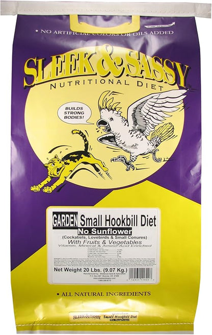 SLEEK & SASSY Garden Small Hookbill No Sunflower Bird Food for Lovebirds, Cockatiels, Quaker Parrots & Small Conures (20 lbs.)