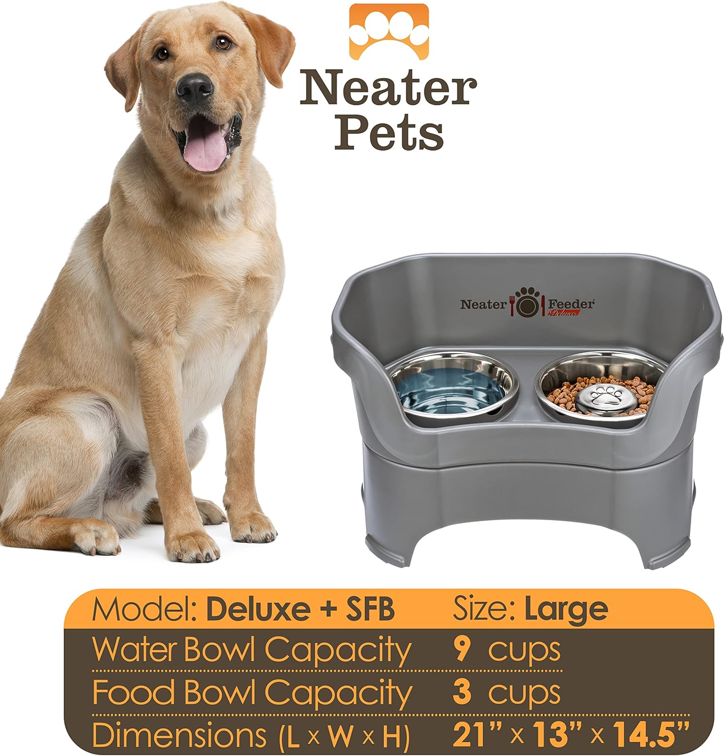 Neater Feeder Deluxe Mess Proof Dog Bowls Elevated for Large Breeds – Made in USA – No Spill Raised Slow Feeder Elevated Dog Bowl Stand, Stainless Steel Food and Water Bowl Set, Grey