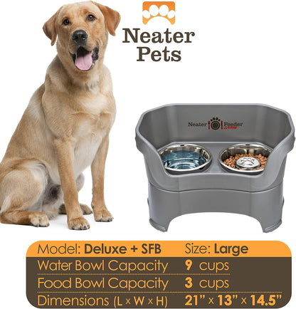 Neater Feeder Deluxe Mess Proof Dog Bowls Elevated for Large Breeds – Made in USA – No Spill Raised Slow Feeder Elevated Dog Bowl Stand, Stainless Steel Food and Water Bowl Set, Grey