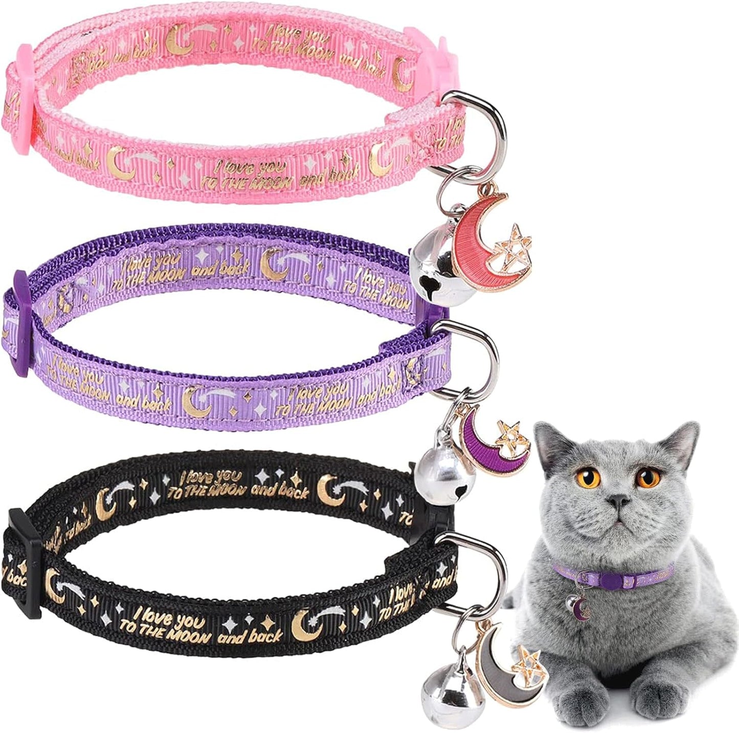 Cat Collar with Bells Breakaway, 3 Pack Moon and Star Cat Collar Reflective, Cute Kitten Collars with Pendant Glow in The Dark for Girl Boy Cats, 8"-12" Adjustable Safe Dog Puppy Kitty Collar