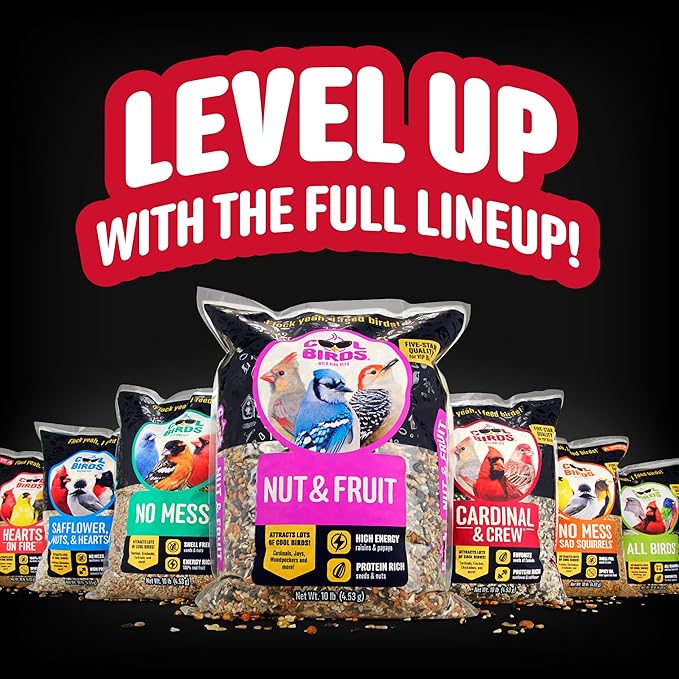 No Mess with Fruit Wild Bird Seed – 10 lb. 100% Edible Shell-Free Blend with Sunflower Hearts, Peanuts, Tree Nuts, Pumpkin Seed & Real Fruit – No Waste Bird Seed for Outside Feeders