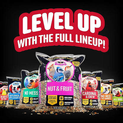 No Mess with Fruit Wild Bird Seed – 10 lb. 100% Edible Shell-Free Blend with Sunflower Hearts, Peanuts, Tree Nuts, Pumpkin Seed & Real Fruit – No Waste Bird Seed for Outside Feeders