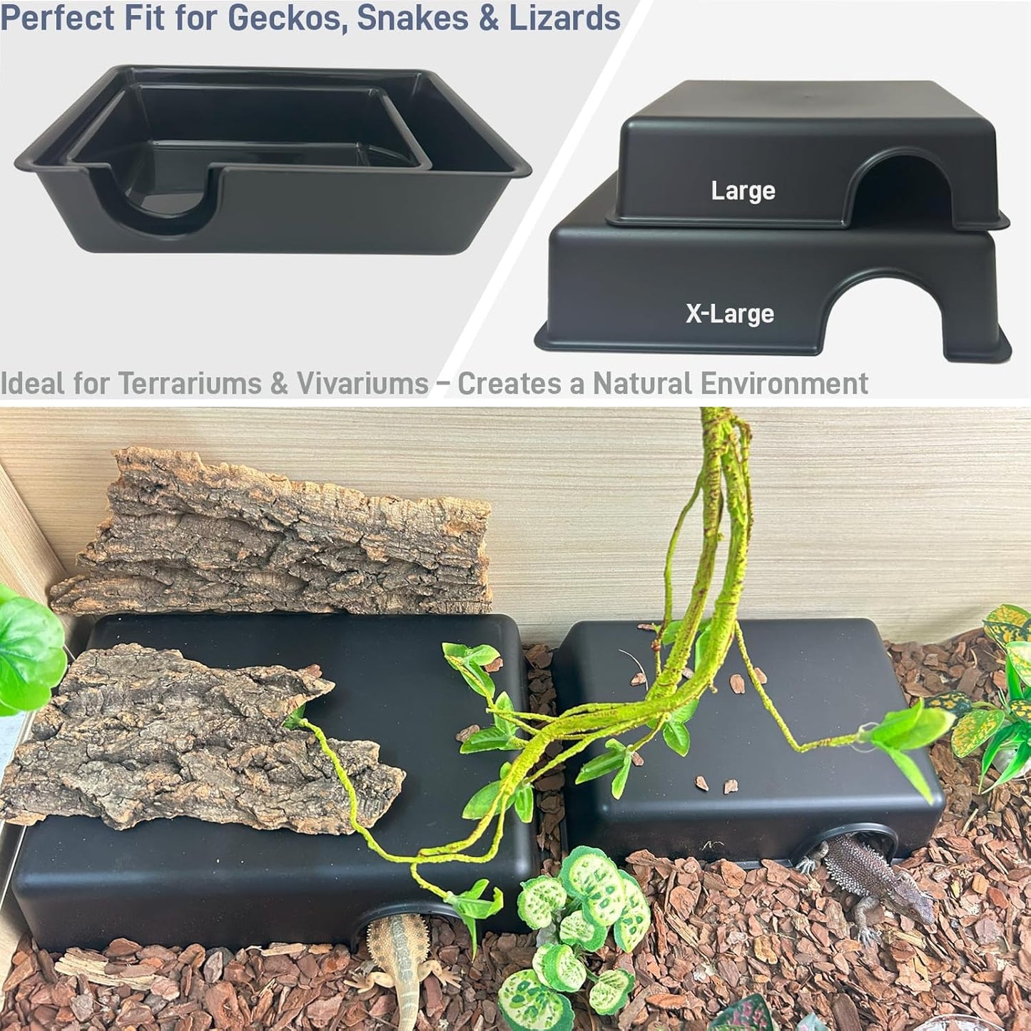 2 Pcs Durable Reptile Hide Box, Ball Python Hide, Leopard Gecko Hide, Bearded Dragon Hide, Easy to Clean Reptile Hides Cave for Tank, Snake Hide Enclosure (9.45" x 6.89" x 2.17" Large)