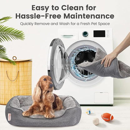 Miguel Faux Linen Dog Bed with Removable Cushion Pillow for Medium Small Dogs, Washable Pet Bed with Side Easy to Wash Puppy Bed, Rectangle Cat Bed for Indoor Cat with Anti-Slip Bottom, Gray 30 Inch