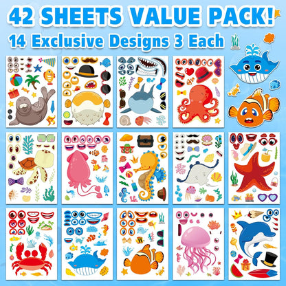 Aowplc 42 Pcs Ocean Animals Make-a-Face Sticker Sheets for Kids - 14 Sea Creature Designs for Party Favors, Classroom Activities, Arts & Crafts