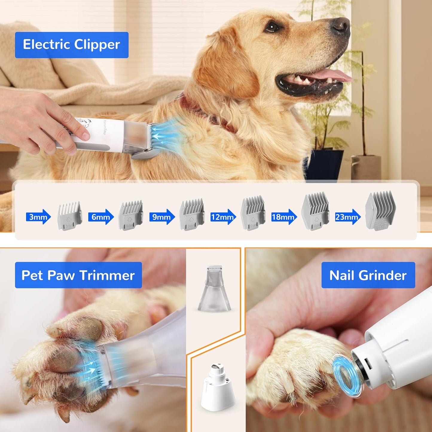 FUKUMARU Dog Grooming Vacuum & Pet Vacuum Grooming Kit, Pet Groom Tools for Dog Hair Shedding, 2L High-Capacity Cup, 6 Professional Tools with Dogs Nail Grinder and Cat Fur Clipper