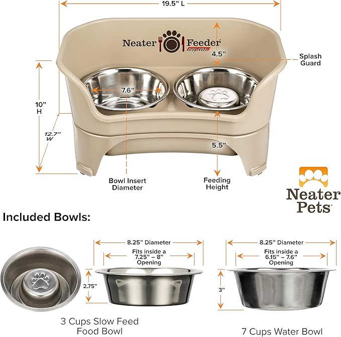 Neater Feeder - Express Model w/ Slow Feed Bowl - Mess-Proof Dog Bowls (M/L, Almond) Made in USA – Elevated, No Spill, Non-Tip, Non-Slip, Raised Stainless Steel Food/Water Pet Bowls Aid Digestion