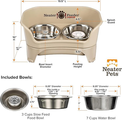 Neater Feeder - Express Model w/ Slow Feed Bowl - Mess-Proof Dog Bowls (M/L, Almond) Made in USA – Elevated, No Spill, Non-Tip, Non-Slip, Raised Stainless Steel Food/Water Pet Bowls Aid Digestion