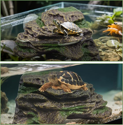 PINVNBY Resin Turtle Basking Platform with 2 Pcs Suction Cups,Floating Dock for Turtles,Tortoise Climbing Ramp Shale - Ideal for Aquatic Turtles,Stable & Durable,Easy to Install(Green Brown L)