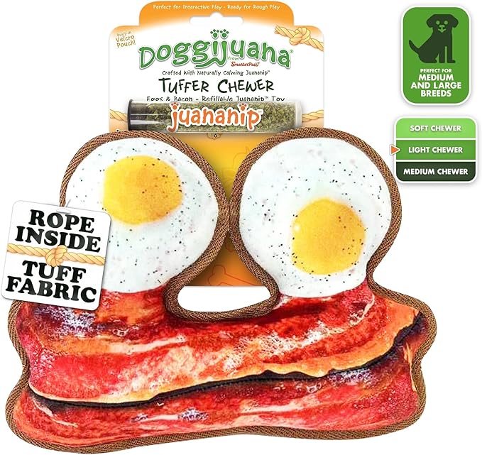 Doggijuana Tuffer Chewer Plush Dog Toy | Funny Dog Toy Plush with Juananip Catnip for Dogs | Calming Aid for Dogs | Interactive Squeaky Chew Toy for Play (Eggs & Bacon)