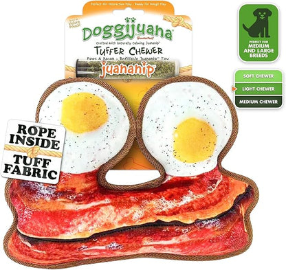 Doggijuana Tuffer Chewer Plush Dog Toy | Funny Dog Toy Plush with Juananip Catnip for Dogs | Calming Aid for Dogs | Interactive Squeaky Chew Toy for Play (Eggs & Bacon)
