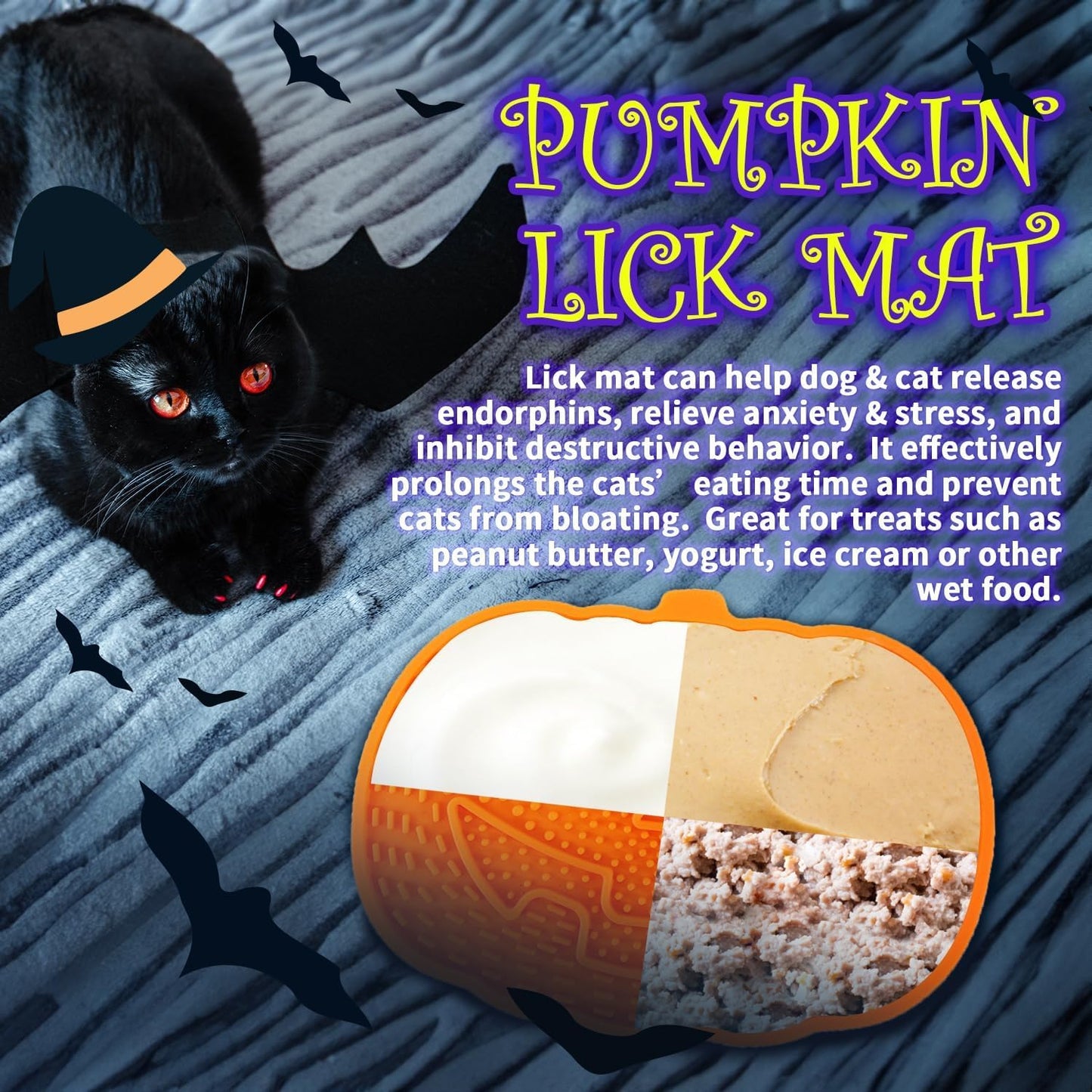 All for Paws Halloween Cat Gift Set – 4 Pack Cat Toys for Indoor Cats, Treat Dispenser, Lick Mat, Kicker & Wand