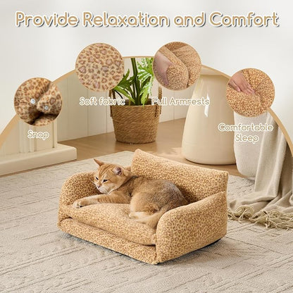 Hollypet Cat Bed Fluffy Plush Mutifuctional Double-Layer Soft Pet Couch Orthopedic Sofa Nest Beds for Small Cats and Dogs, Yellow Leopard (21x15x8 inch)