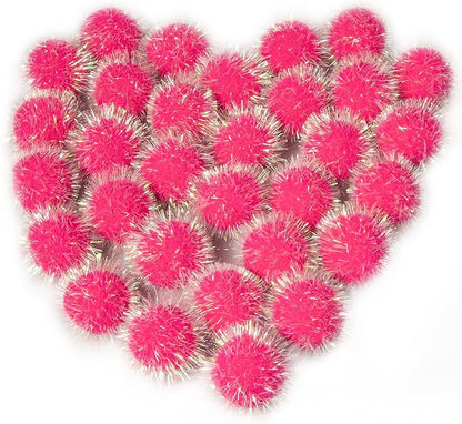 VAPKER 30 Pcs Cat Ball Toys Sparkle Balls Extra Large 2 Inch Cat's Favorite Chase Glitter Ball Glitter Tinsel Pom Poms Balls Hot Pink Color