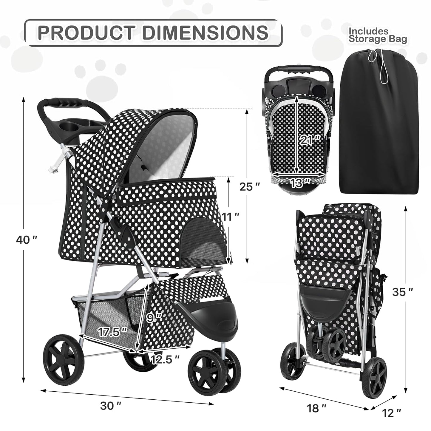 MoNiBloom 3 Wheels Pet Dog Cat Stroller for Small Medium Dogs Cats, Foldable Jogger Stroller w/Storage Basket and Cup Holder, Black Polka Dots