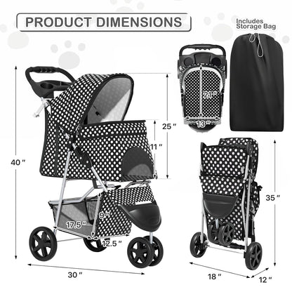 MoNiBloom 3 Wheels Pet Dog Cat Stroller for Small Medium Dogs Cats, Foldable Jogger Stroller w/Storage Basket and Cup Holder, Black Polka Dots