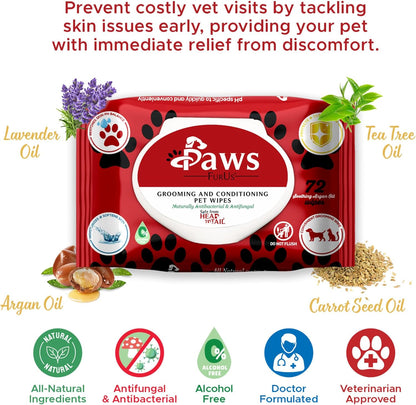PawsFurUs® All-Natural Pet Wipes for Dogs & Cats - Doctor-Formulated for Total Pet Care with Antifungal & Antibacterial Protection, pH Balancing, Moisturizing, Deodorizing & Fast Itch Relief - 72ct.