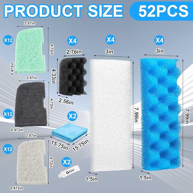 52 Pcs Replacement Filter Media Kit Compatible with Fluval 306/307 Aquarium Filters, Include Three Bio-Foams, Ammonia/Phosphate/Nitrite Remover, Towel and Grease