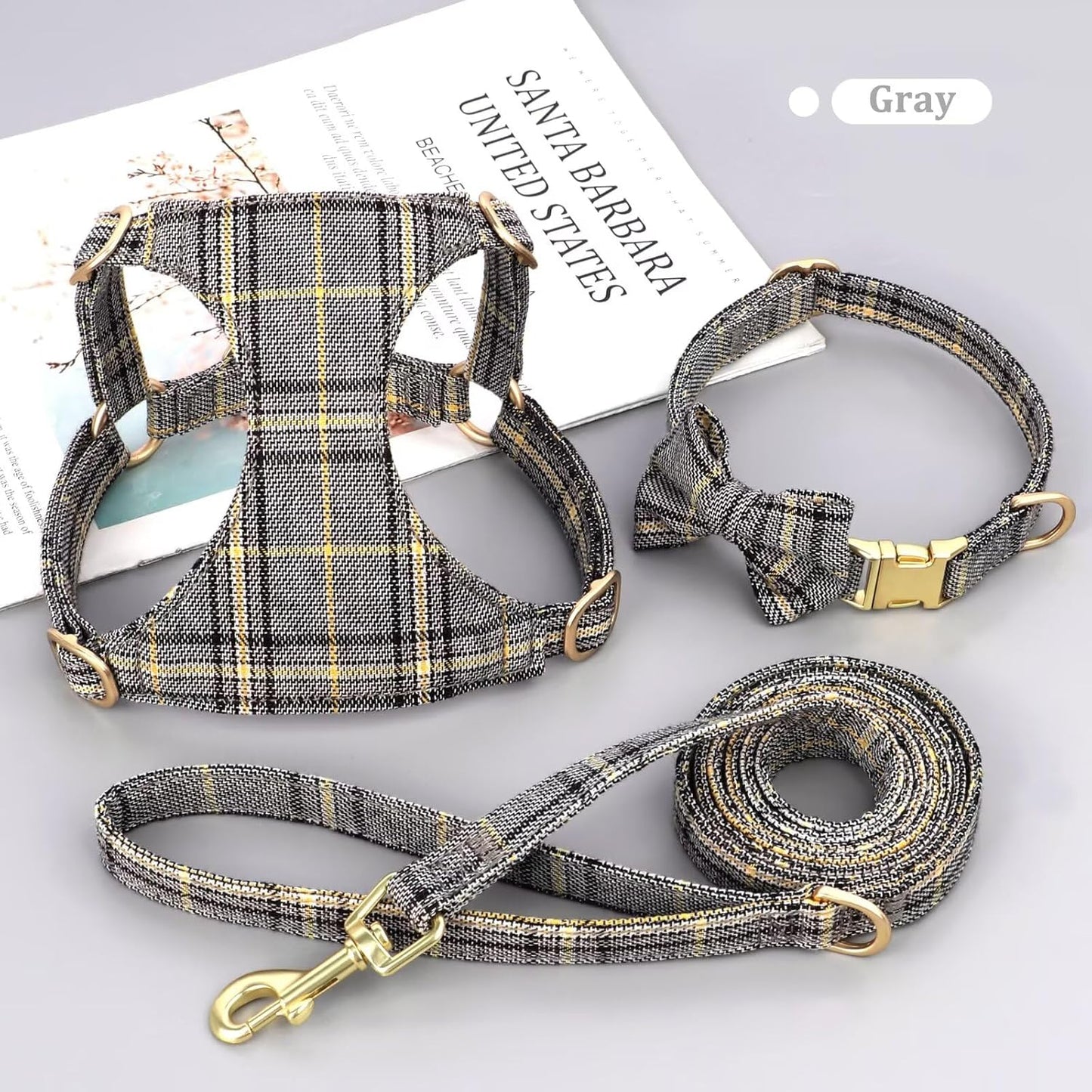 Beirui Cute Extra Small Dog Harness Collar and Leash Set with Bowtie, Soft Adjustable Plaid Puppy Harness for Small Sized Dogs Cats Walks Parties and Photoshoots(Gray,XXS:Chest 12-14")