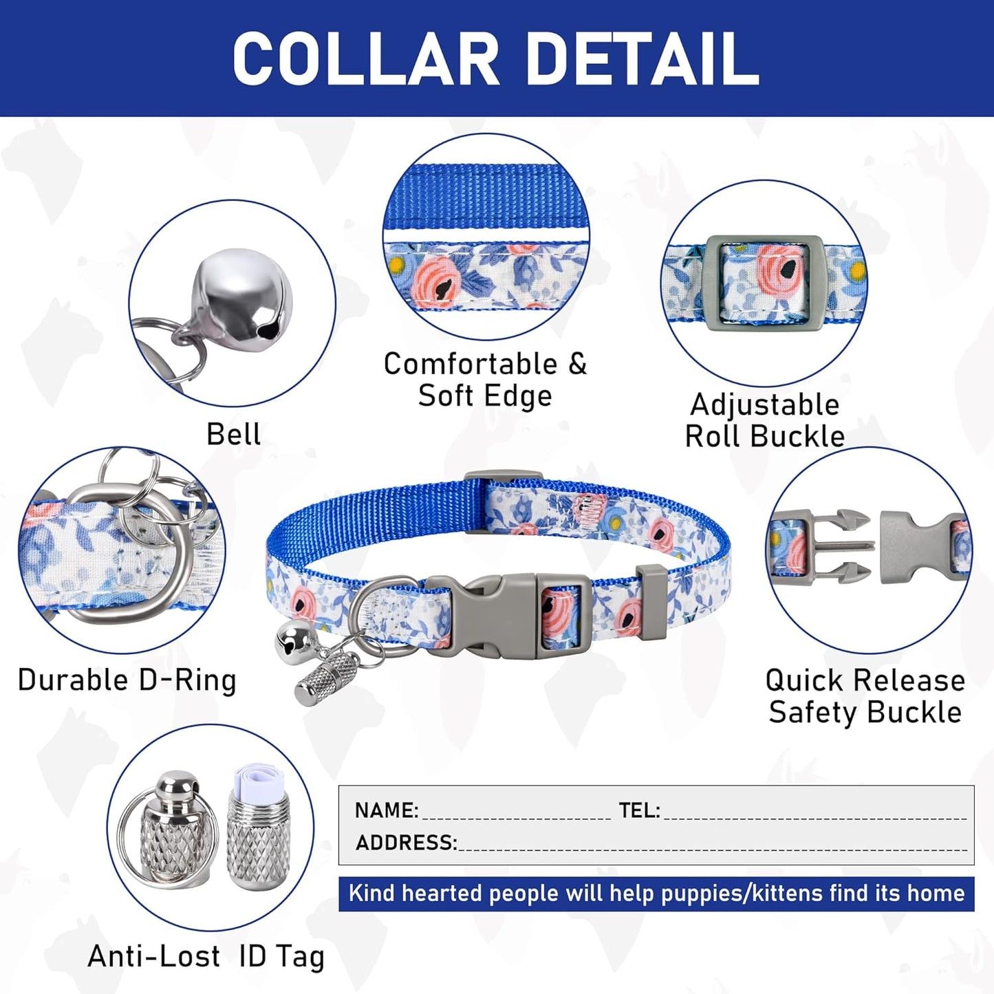 GAMUDA Small Dog Harness Collar and Leash Set, Step in No Chock No Pull Soft Mesh Adjustable Dog Vest Harnesses Plaid Reflective for Dogs Puppy Cats Kitten Rabbit (Blue Flower, XL)