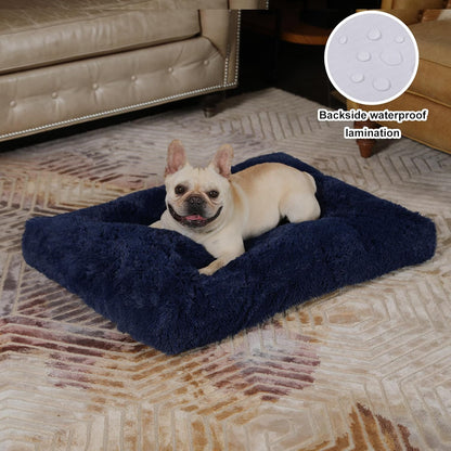 Bedfolks Plush Dog Crate Pad, Washable Dog Kennel Bed 29"x21", Solid Dark Blue