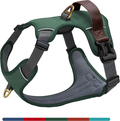 No Pull Dog Harness Medium Sized Dog,Stylish PU Leather Vest with Easy Control Handle,No Choke Front Clip with 2 Metal Leash Clips,Reflective & Adjustable for Walking,Green,Chest 22-29"