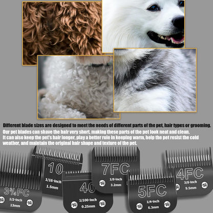 6 Packs Detachable Dog Grooming Steel Blades with Blade case Holder,Compatible with Andis,Oster A5,Wahl KM-10 Series,Cutting Length 1/100" to 1/2"(10+40+7FC+5FC+4FC+3-3/4FC-black)