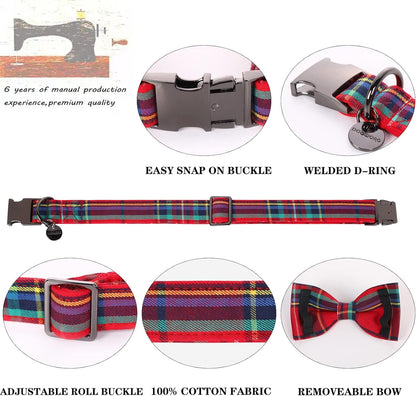 DOGWONG Christmas Dog Collar with Bow tie, Red Plaid Dog Collar Soft Durable Adjustable Cotton Red Tartan Gingham Puppy Collar for Small Medium Large Dog