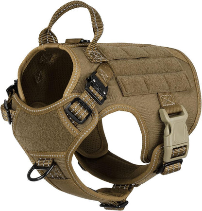 ICEFANG Tactical Dog Harness, Small Size,2X Metal Buckle,Working Dog MOLLE Vest with Handle,No Pulling Front Leash Clip,Hook and Loop Panel (Brown,S (Pack of 1))