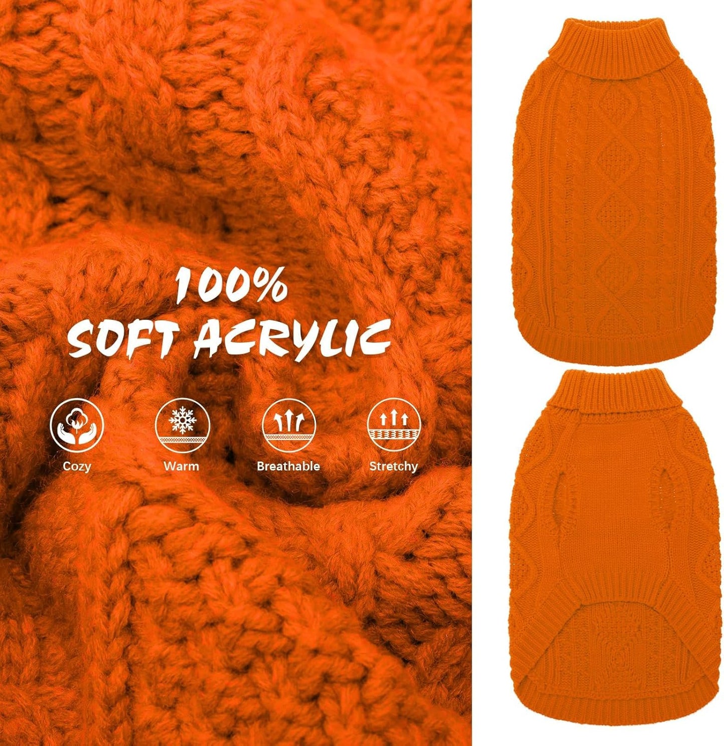 BINGPET Thermal Knitted Dog Sweater, Winter Dog Cat Coat, Warm Sweater for Small/Medium Dogs, Classic Cable Knit Turtleneck Pullover, Orange Acrylic