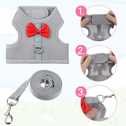 Bunny Harness and Leash Set, Cute Bow Rabbit Vest Soft Breathable Mesh Rabbit Leash and Harness Set Escape Proof Walking Gear for Rabbits, Ferrets, Kittens, Guinea Pigs, Grey M
