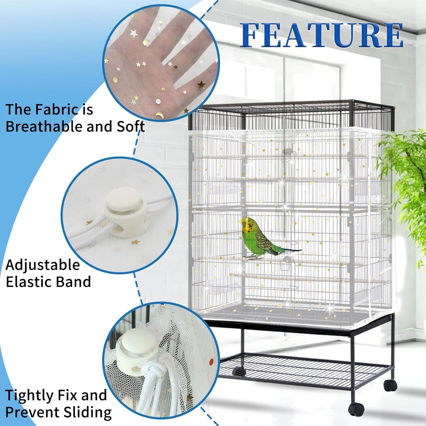 Daoeny Bird Cage Seed Catcher, Large Bird Cage Cover, Adjustable Soft Airy Nylon Mesh Net, Birdcage Cover Skirt Seed Guard for Parrot Parakeet Macaw African Round Square Cages (White, Sequins Star)