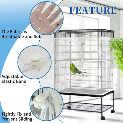 Daoeny Bird Cage Seed Catcher, Large Bird Cage Cover, Adjustable Soft Airy Nylon Mesh Net, Birdcage Cover Skirt Seed Guard for Parrot Parakeet Macaw African Round Square Cages (White, Sequins Star)