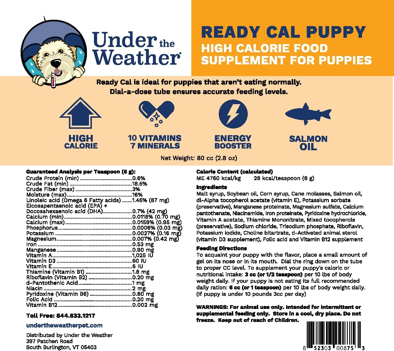 Under the Weather Pet | Ready Cal for Puppies 80cc | High Calorie Puppy Nutritional Supplement | Puppy Weight Gainer and High Calorie Booster | 10 Vitamins, 7 Minerals & Omega Fatty Acids