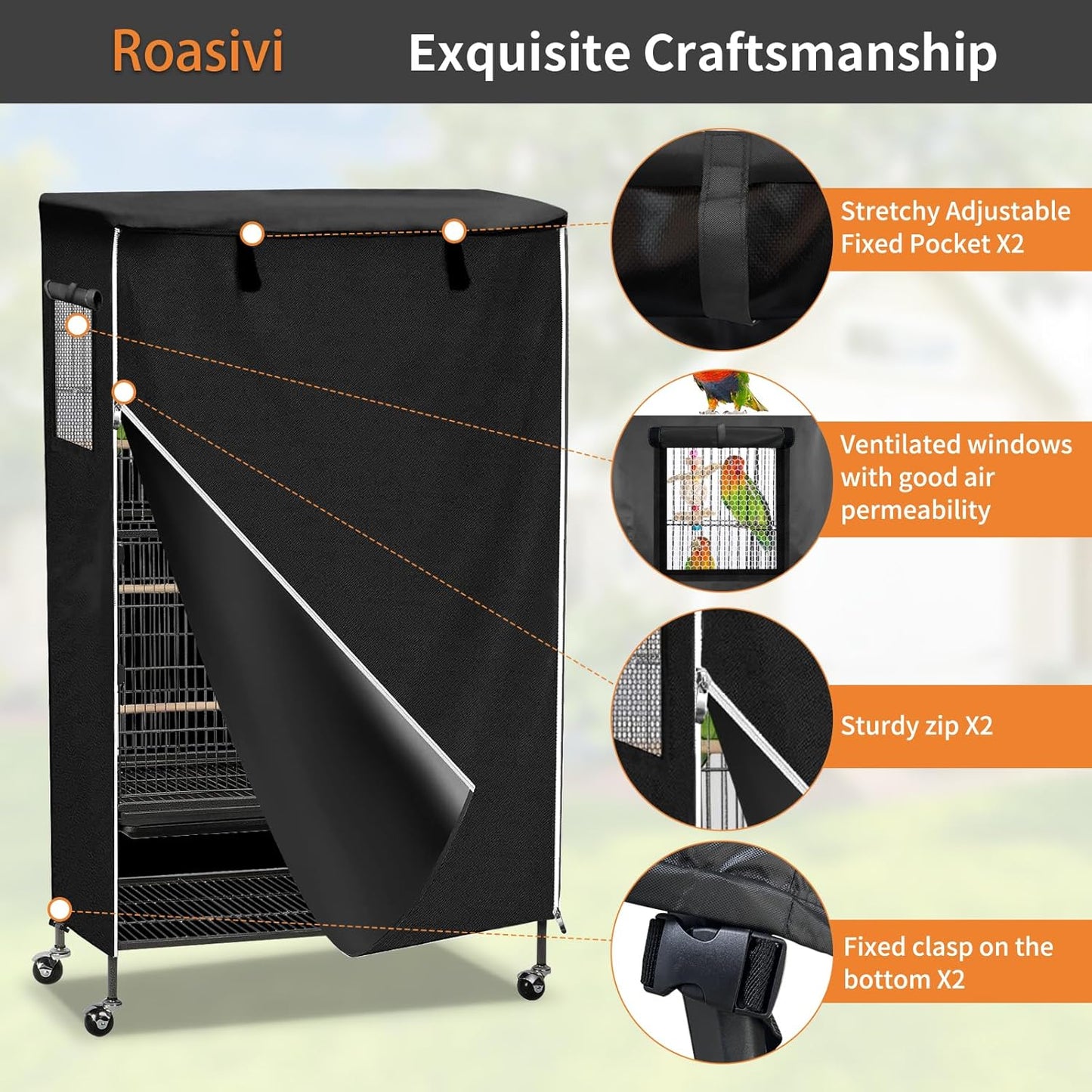 Roasivi Universal Large Birdcage Cover Black Out and Breathable Cages Cover for Parrots and Other Small Animals Durable Waterproofing Washable Material 31" L x 21" W x 53" H Black