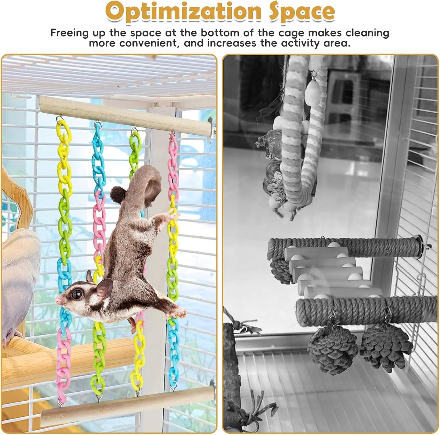 PINVNBY 2 Pack Sugar Glider Climbing Toys,Natural Wood Sugar Glider Cage Accessories with Colorful Plastic Chains, Hanging Rat Enrichment Toys Without Swaying for Hamsters and Parrots
