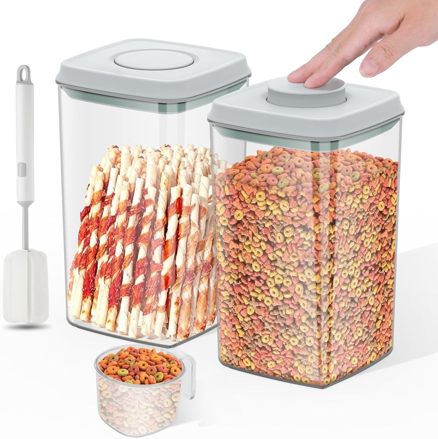 4.2Qt 2Pack Airtight Dog Cat Food Storage Container and Dog Treat Containers BPA-Free, PET Clear Stackable Pet Storage Bin, 1 Cup Scoop, 1 Sponge cleaning brush, Pop Top, With handle (Grey)