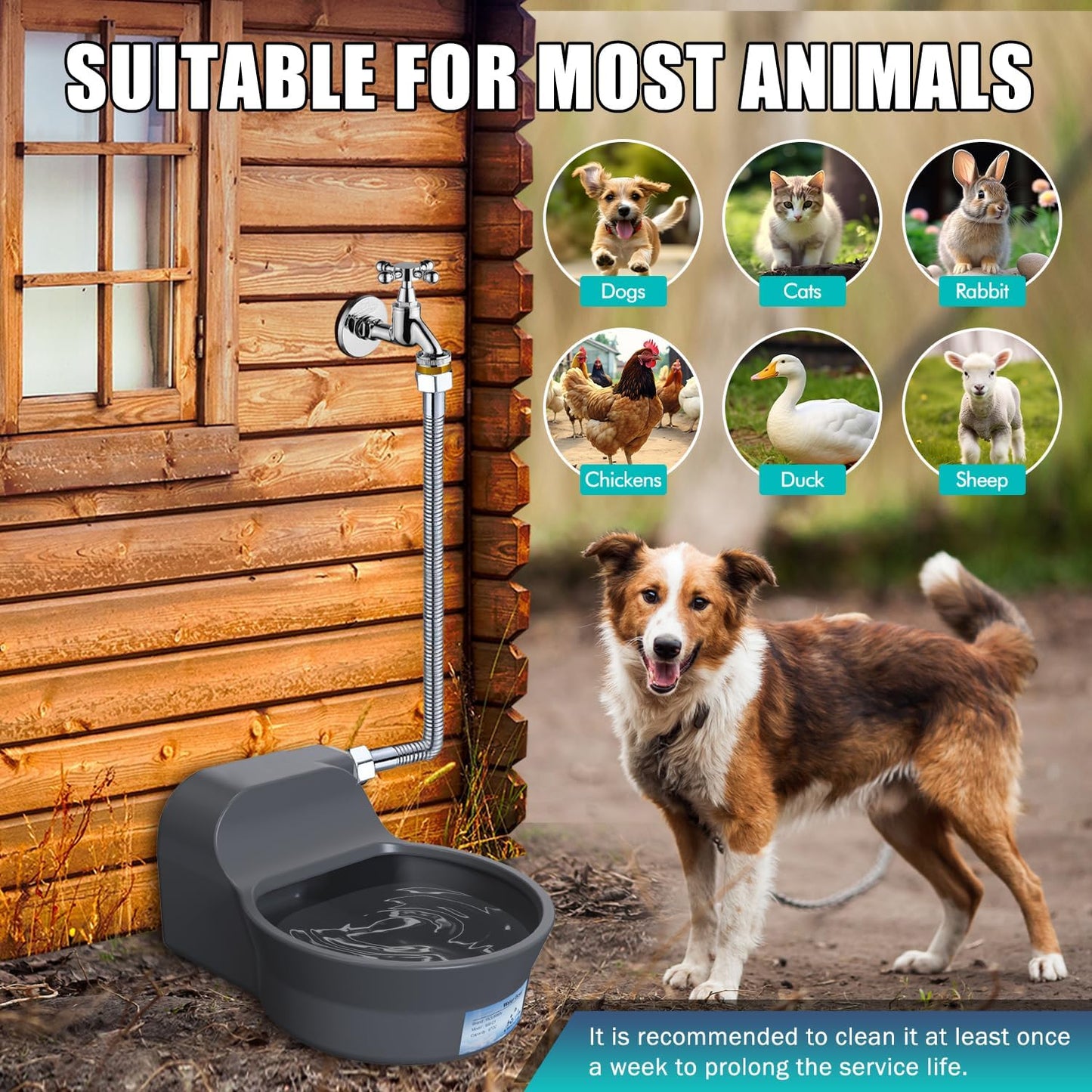Automatic Water Dispenser for Dogs, Patented 2L Dog Water Bowl Dispenser, Automatic Chicken Waterer Fit 3/4'' GHT Faucet, Water Hose, Copper Connector Outdoor Dog Water Bowl for Livestock Animal