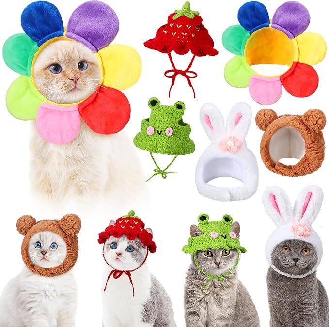 Weewooday 5 Pieces Cat Costume Halloween Bunny Hat Outfit with Ears Funny Cat Hat and Small Dogs Kitten Puppy Party Christmas Easter Costume Accessory Headwear(Vivid Style)