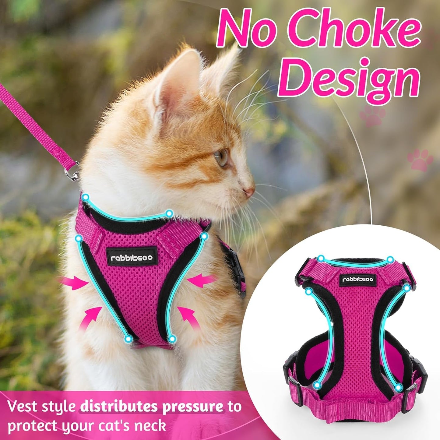 rabbitgoo Cat Harness and Leash for Walking, Escape Proof Soft Adjustable Vest Harnesses for Cats, Easy Control Breathable Reflective Strips Jacket, Rose Red, M