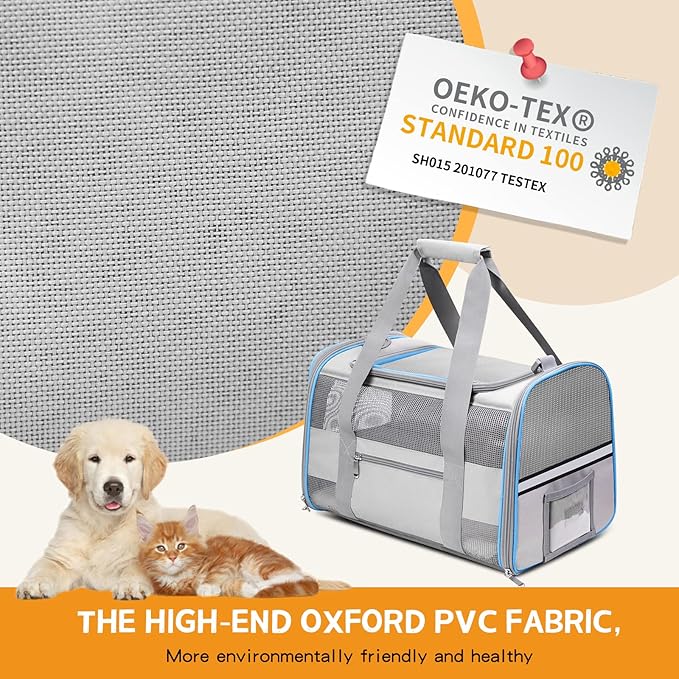 Cat Carrier Dog Carrier TSA Airline Approved for Small Dogs Cats Under 15 lbs, Collapsible Soft Sided Travel Pet Carrier for Puppy Kitten, Light Grey